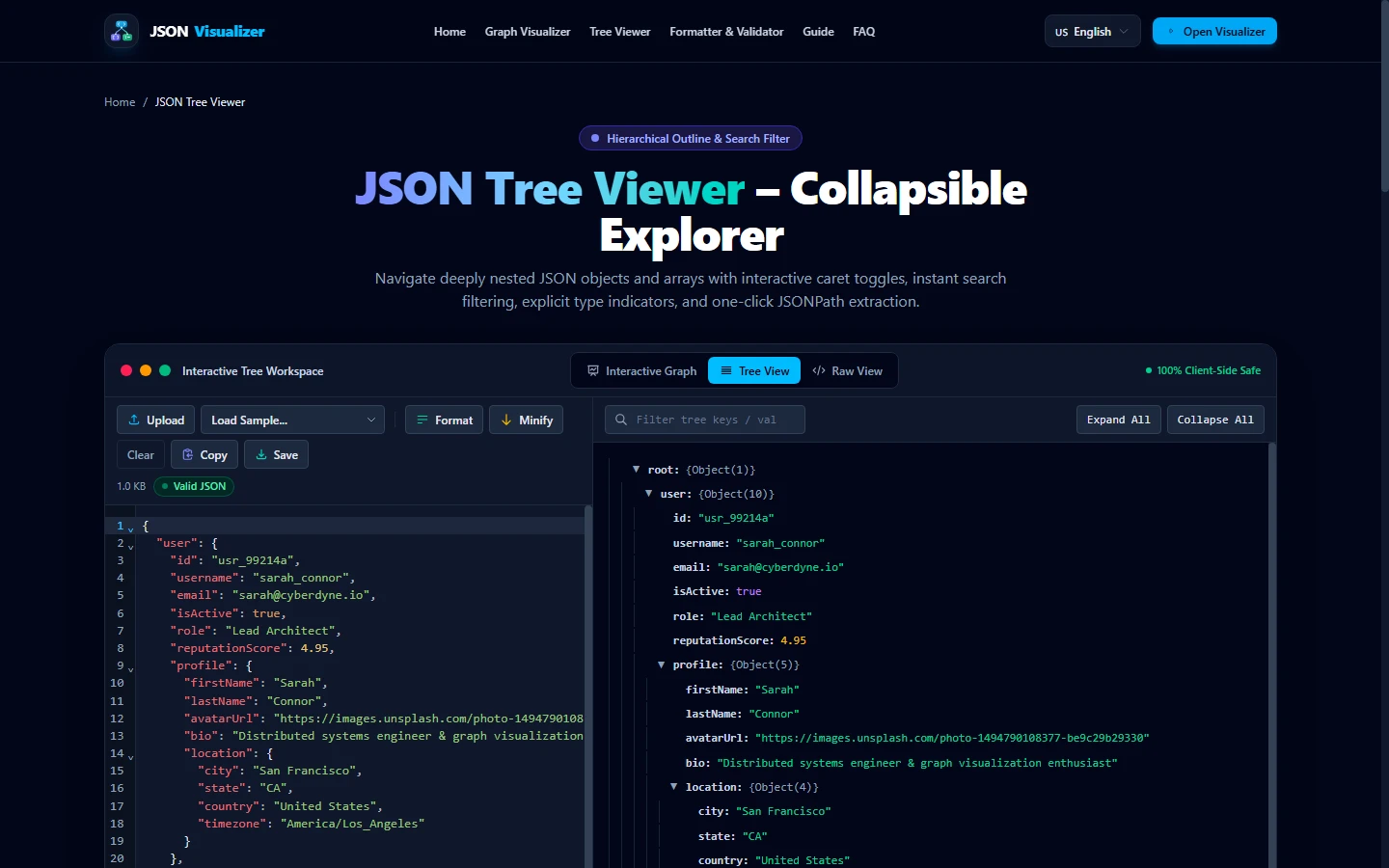 Application screenshot of the JSON Tree Viewer showing collapsible nodes and live substring search