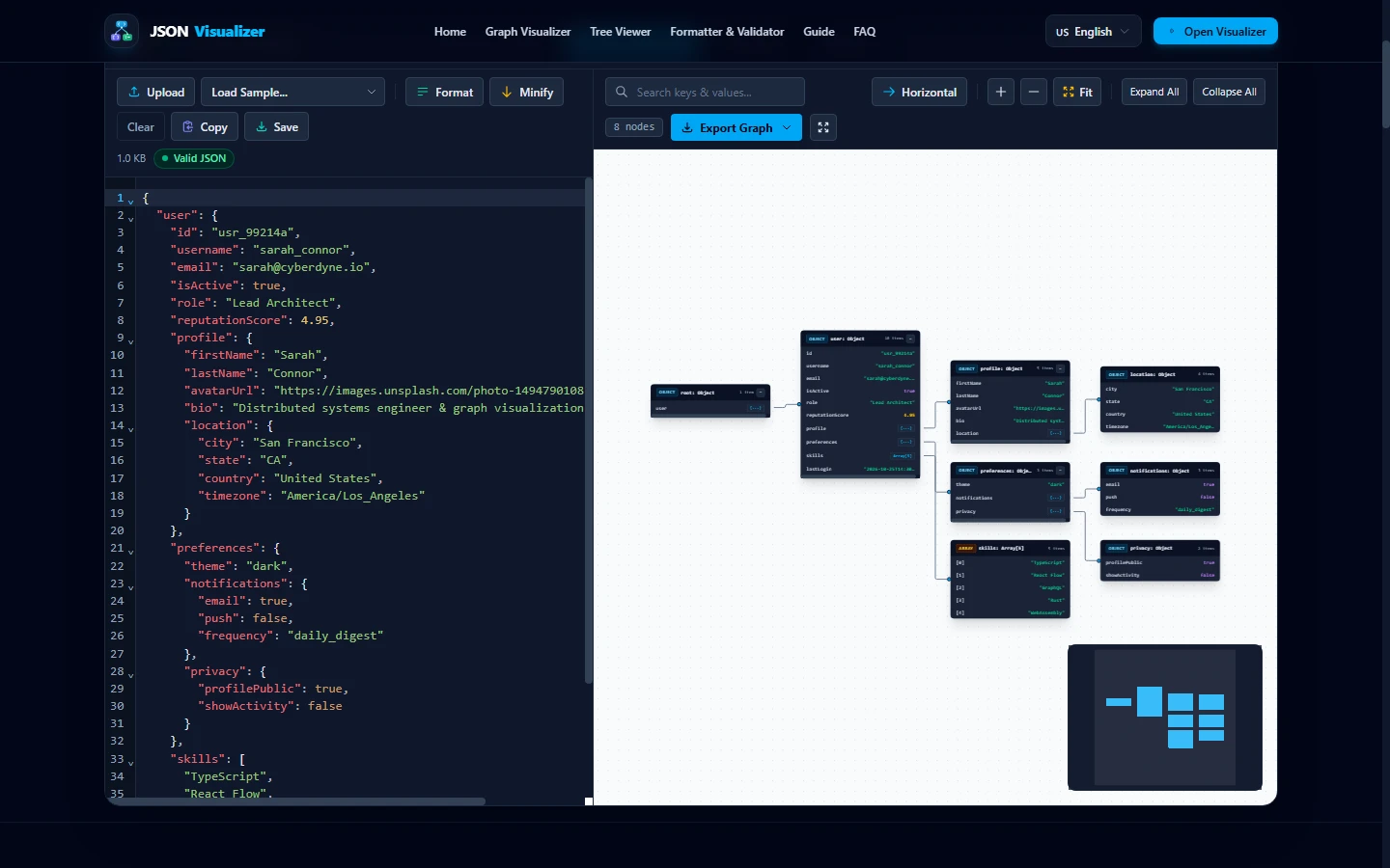 Production dual-pane JSON visualizer showing CodeMirror editor on the left and 2D Dagre node graph on the right with zero layout shift